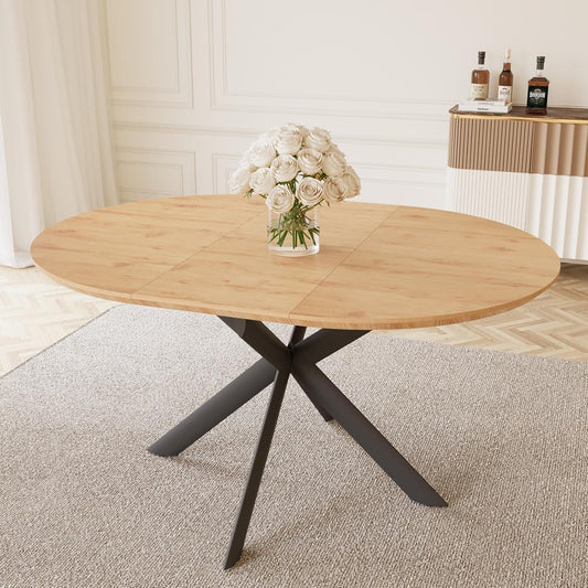 43.2"-59.1" Extendable round Dining Table Set, Mid Century Wooden round Kitchen Table, Oak Coffee Table for 4-6 Person,Pu Leather Chair