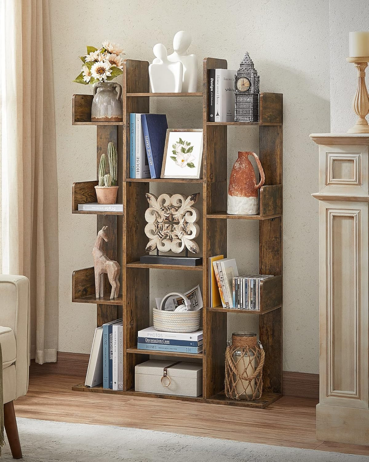 Tree-Shaped Bookcase with 13 Shelves and 5-Tier Freestanding Bookshelf, White Storage Shelving