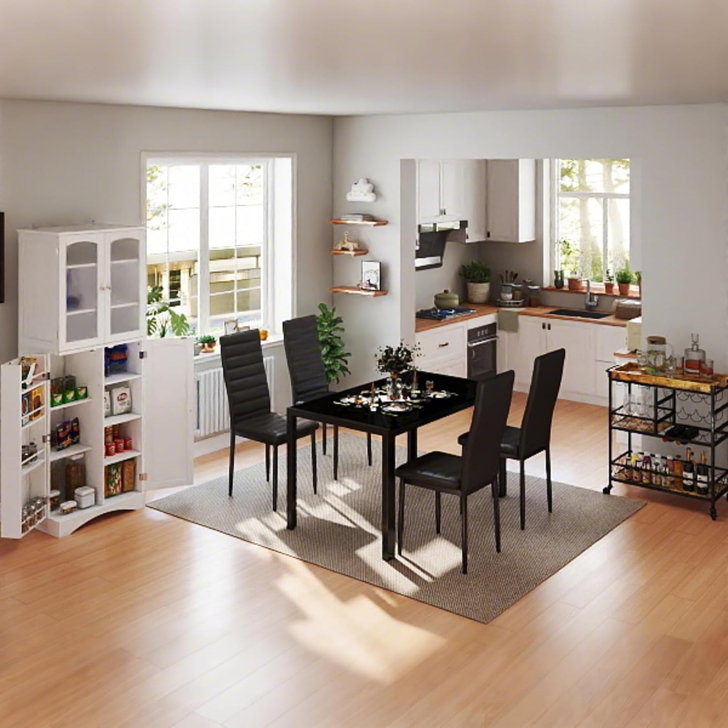 5 Piece Glass Dining Table Set, Kitchen and Chairs for 4, PU Leather Modern Room Sets for Home, Kitchen, Living Room