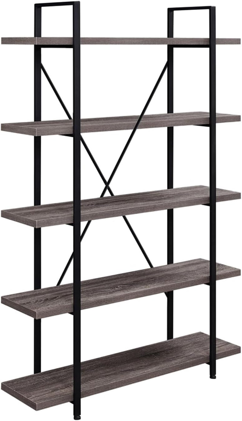 5-Shelf Vintage Industrial Rustic Bookshelf, 5 Tier Wood and Metal Bookcase, Open Etagere Book Shelf, Farmhouse Wooden Bookshelves, Light Grey Oak