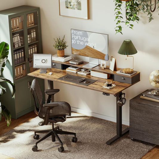 48 X 24 Inches Electric Standing Desk with 2 Storage Drawers, Adjustable Height Sit and Stand Computer Table with Splice Board, Rustic Brown