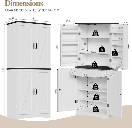 Kitchen Pantry Storage Cabinet with Barn Doors, Drawer and Adjustable Shelves, 6-Tier Tall Rustic Wood Cupboard Locker for Kitchen, Dining Room, Living Room, Bathroom, (White)