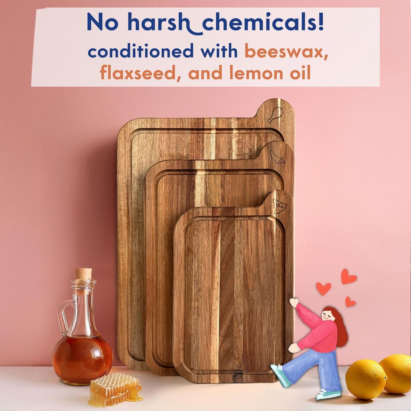 Non Toxic Cutting Boards - Cutting Board Set Free of Mineral Oil, Made of FSC Acacia Wood - Cutting Boards for Kitchen - Includes 3 Chopping Boards. by