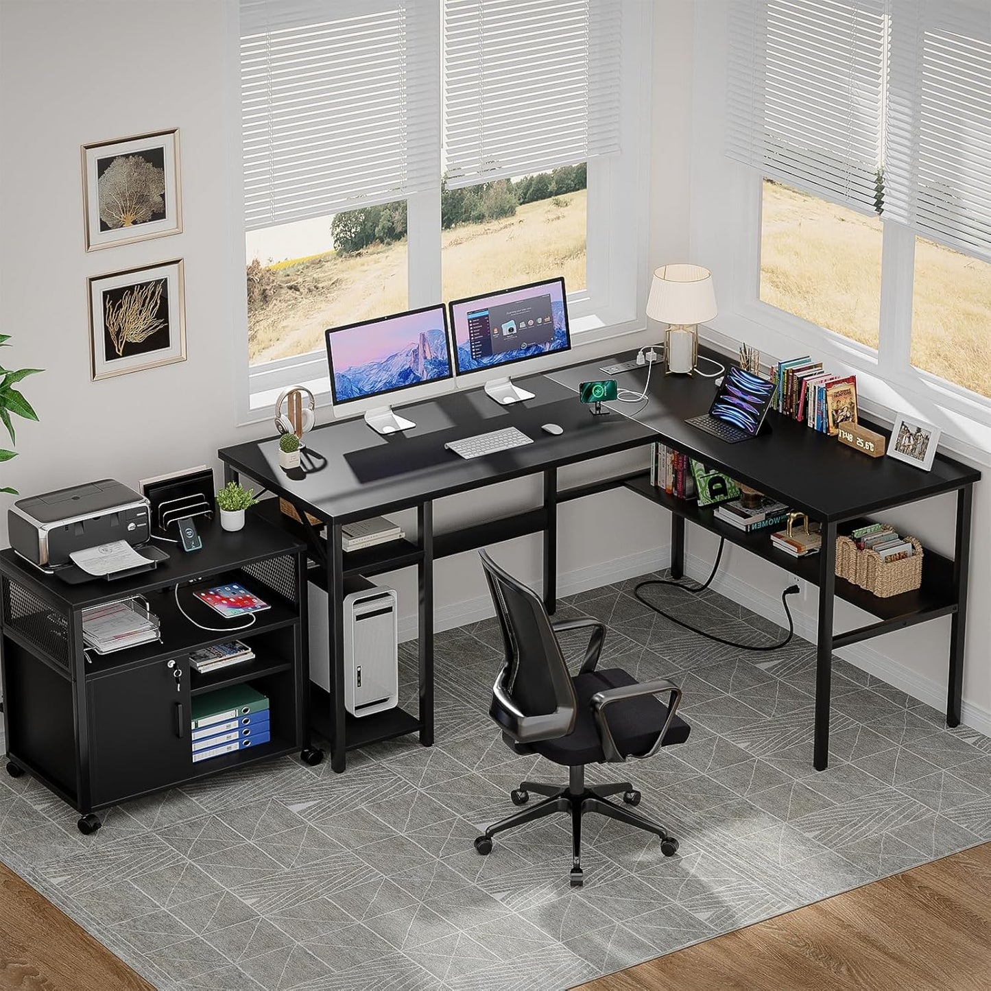 Reversible L Shaped Desk with Magic Power Outlets and USB Charging Ports, Sturdy Corner Computer Desk with Storage Shelves, Gaming Table Home Office Desk, Easy to Assemble, Black