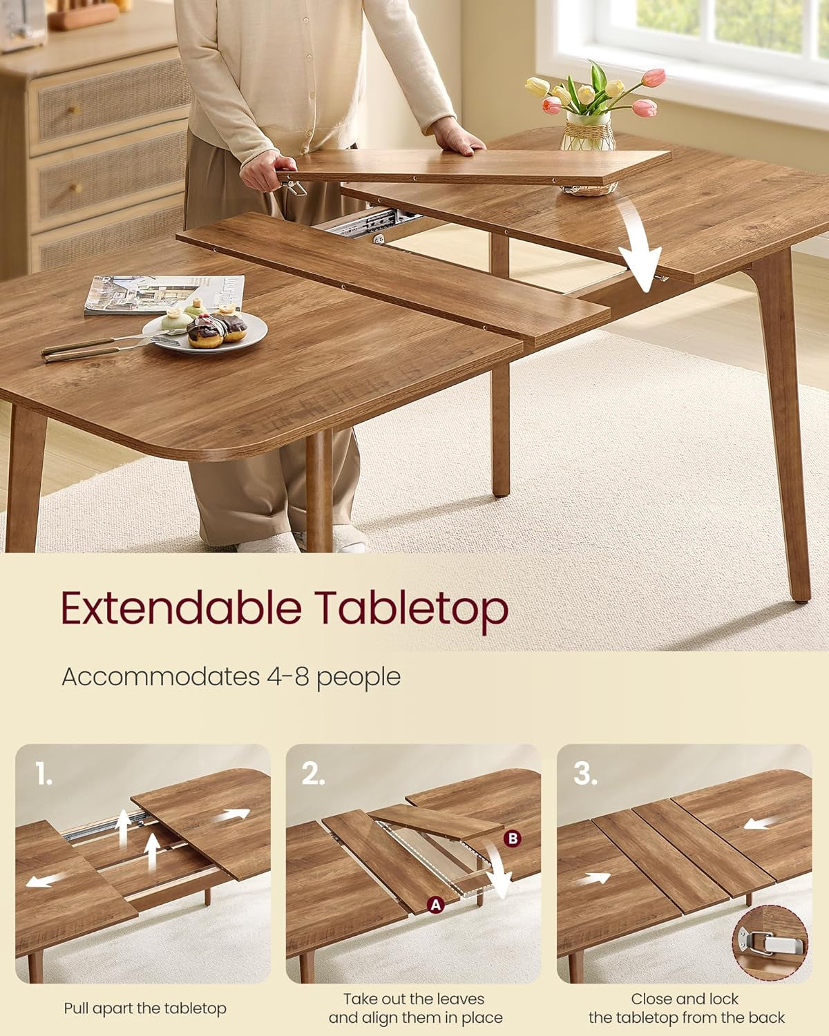 Dining Table for 4/6/8, Extendable Kitchen Table with Tapered Legs, Curved Transitions, for Dining Room, Kitchen, Home Office, Honey Brown UKDT090K01V1
