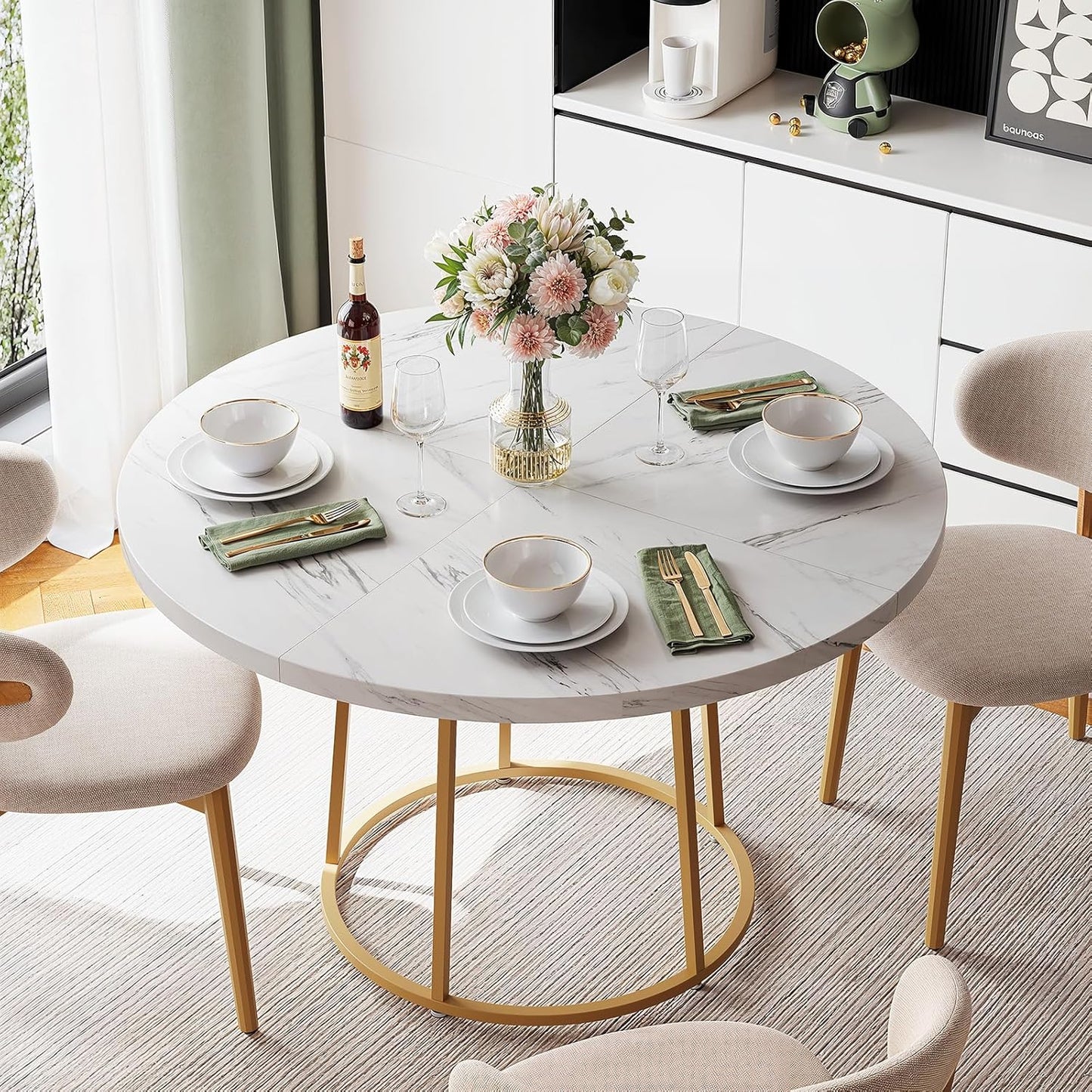 Round Dining Table, 47.24 Inch Kitchen Table for 4-6 People, Wooden Faux Marble Dinner Room Table with Gold Base, Circle Modern Small Table for Home Dining Room Kitchen Restaurant (White)