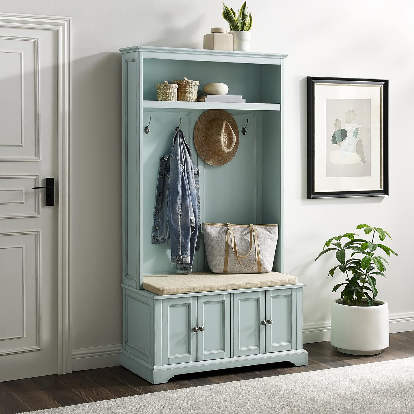 Holbrook Hall Tree with Shoe Rack Bench and Coat Hooks for Hanging Storage, Distressed Seafoam Blue