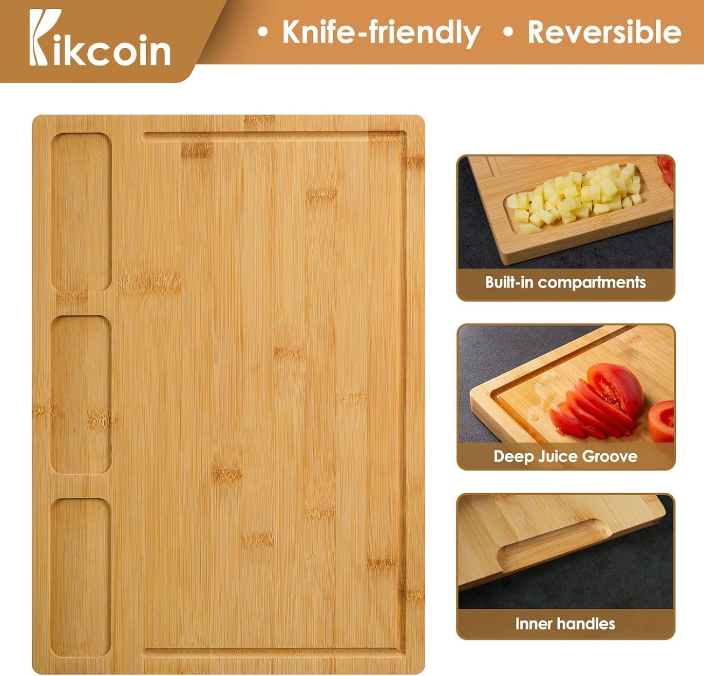 Bamboo Cutting Boards for Kitchen, (Set of 3) Kitchen Chopping Board with 3 Built-In Compartments and Juice Groove Heavy Duty Serving Tray Wood Butcher Block and Wooden Carving Board,