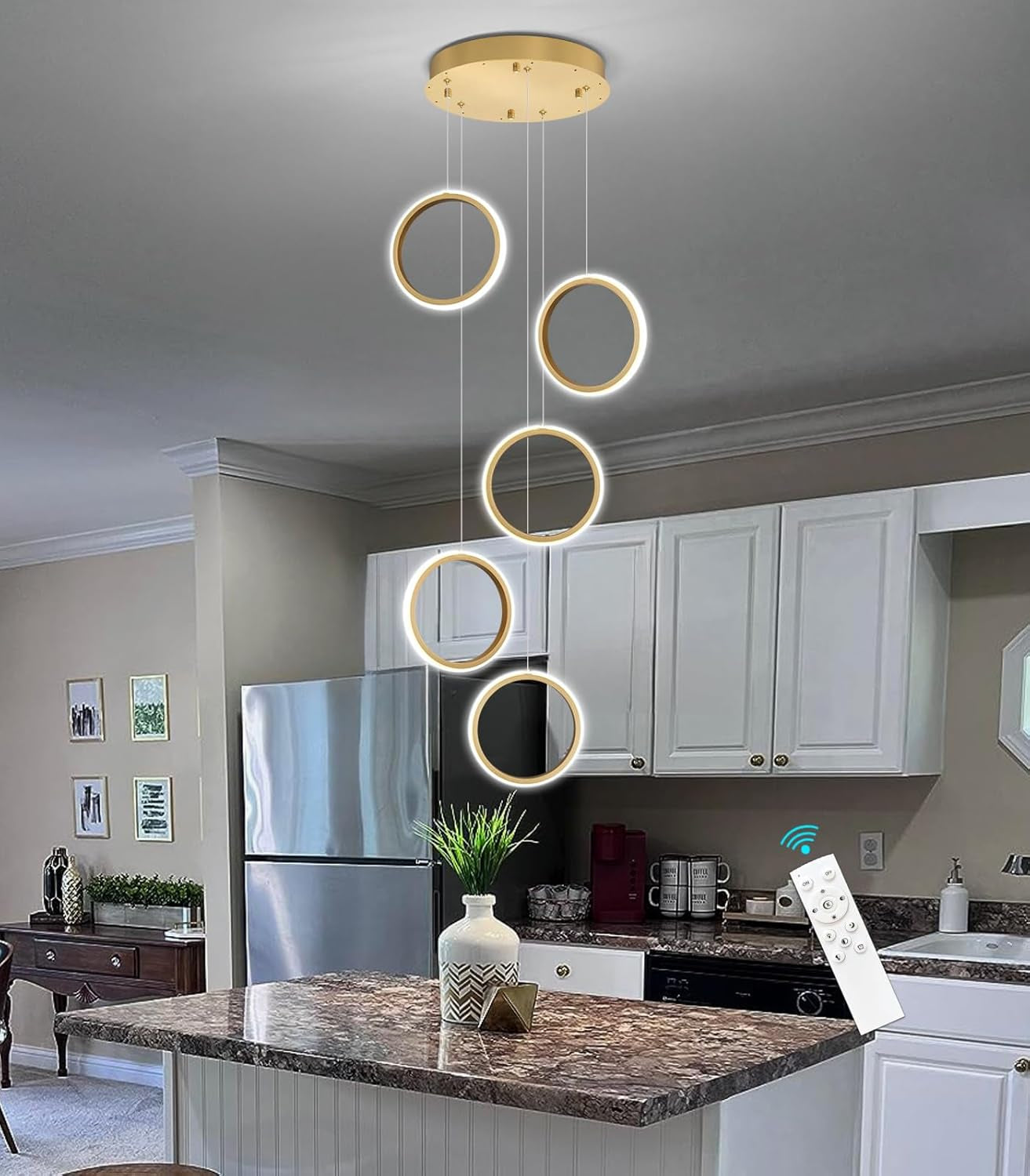 5 Rings Modern LED Chandelier Dimmable Dining Room Light Fixture with Remote 45W Gold Pendant Light for Living Room Foyer
