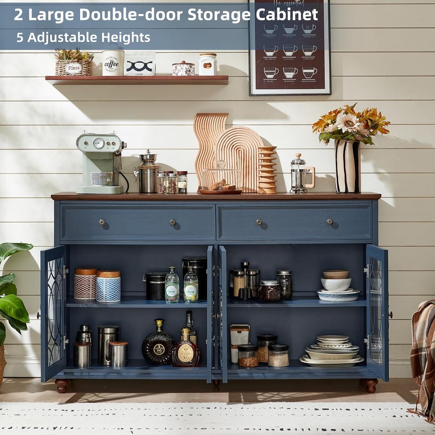 Farmhouse Sideboard Buffet Cabinet with Storage,59" Large Credenza with 4 Glass Doors & 2 Drawers,Adjustable Shelves Console Table,Wood Kitchen Coffee Bar for Dining Room,Living Room,Navy Blue