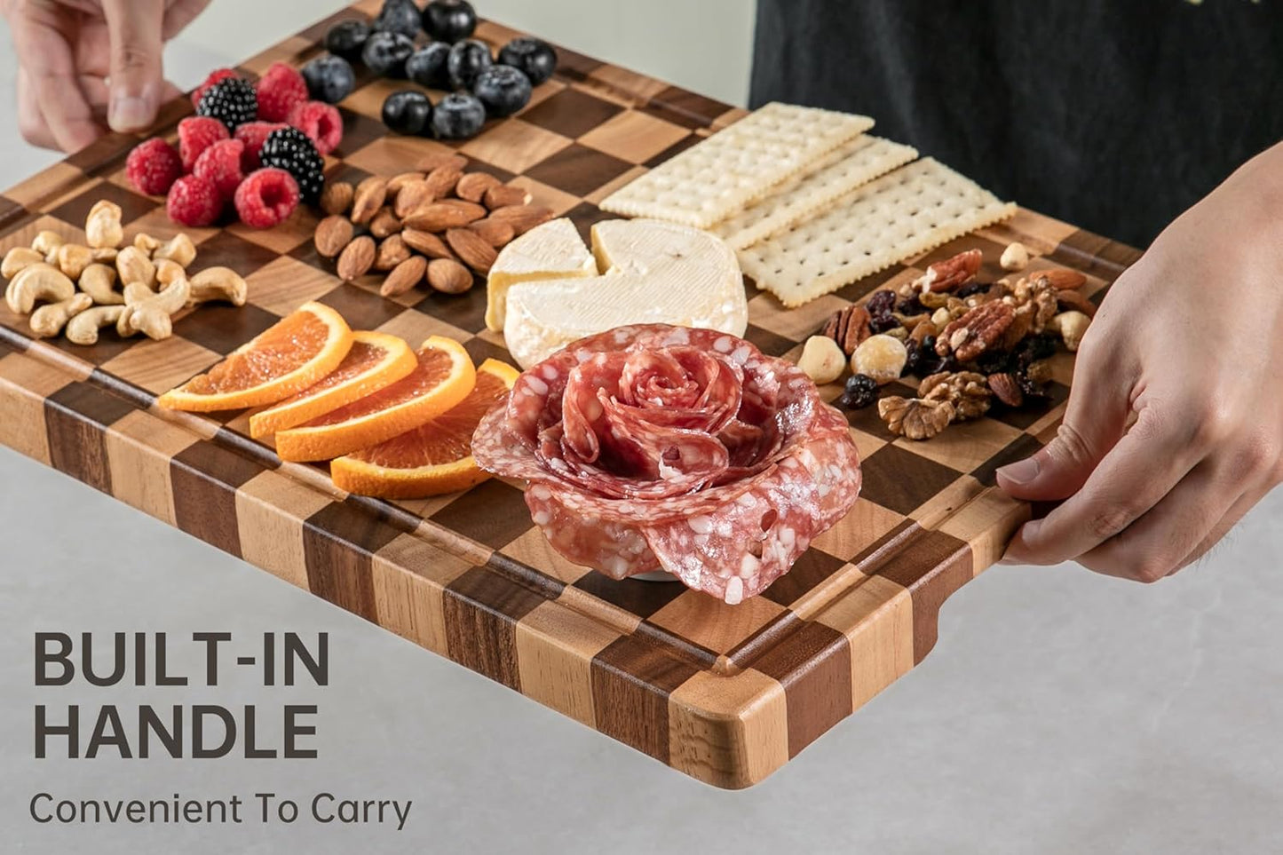 Cutting Boards for Kitchen, Checkered Cutting Board Upgraded, Acacia Wood Chopping Board with Juice Grooves & Handles, Large Butcher Block Serving Tray with Gift Box, 16.5" X 11.6" X 0.8"