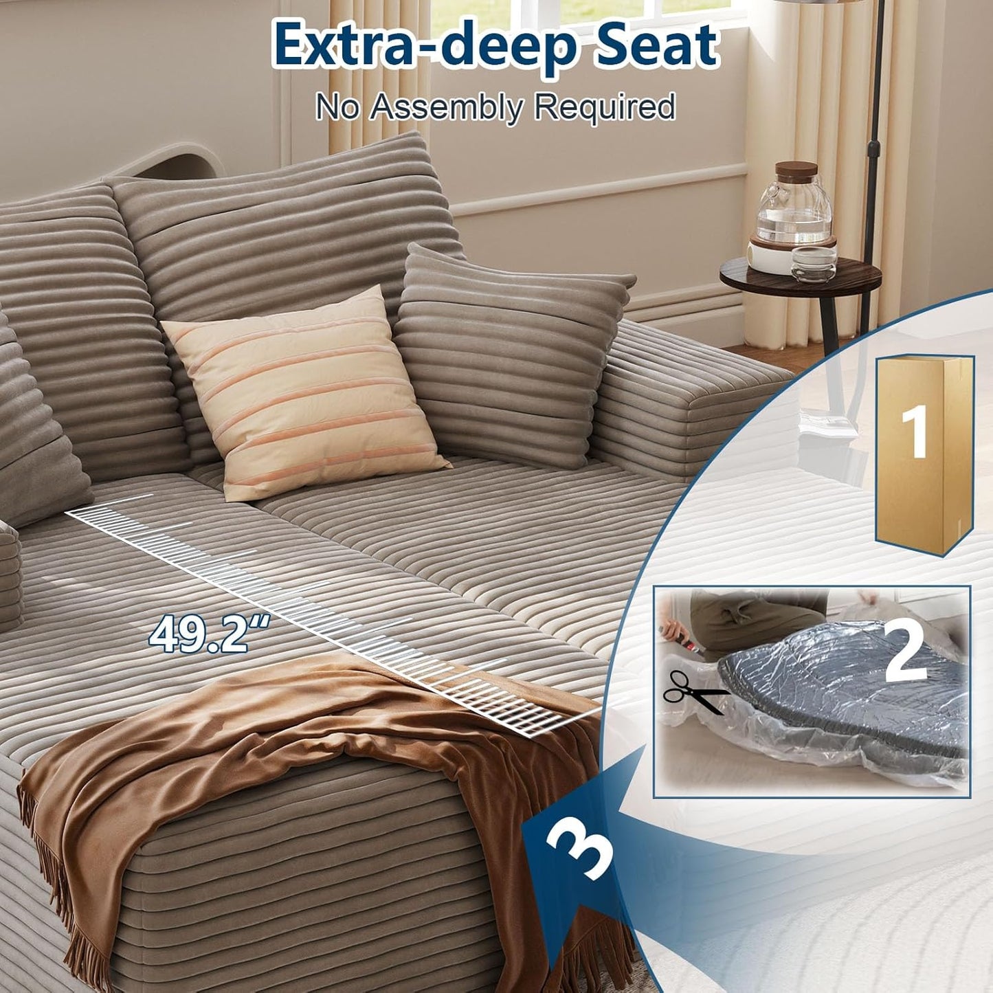 75" Oversized Double Chaise Lounges Indoor, Upholstered Corduroy Oversized Chaise Lounge Chair, Modern Sleeper Loveseat Chair Boneless Cloud Couch for Living Room Bedroom Reading (Camel)