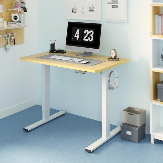 EN1 One-Piece Standing Desk 40 X 24 Inches Height Adjustable Desk Electric Sit Stand up Desk Home Office Desks Computer Workstation (White Frame + Maple Desktop)