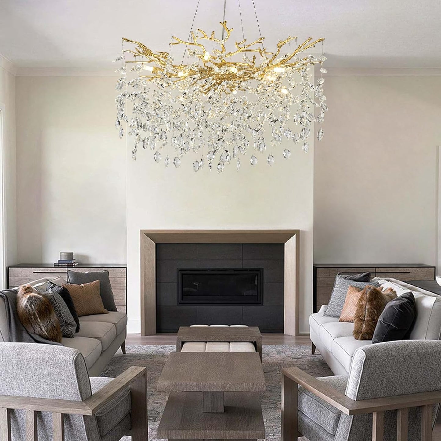 31.5" Modern Crystal Chandeliers for Dining Room,Gold Crystal Tree Branches Chandelier, round Dining Room Chandelier over Table, Chandeliers for Living Room, Entryway,Foyer