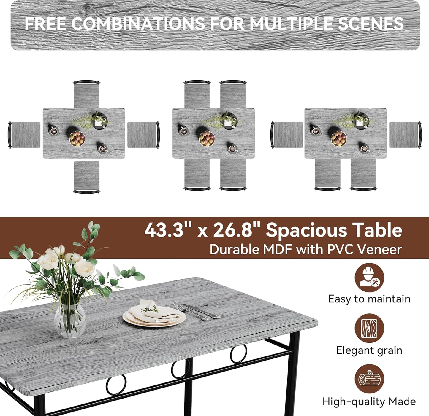 Kitchen Dining Table Set for 4, 5-Piece Kitchen Table Set,Dining Room Table Sets,Rectangular Kitchen Table Set with 4 Chairs for Small Space, Dinette,Apartment,Rustic Grey