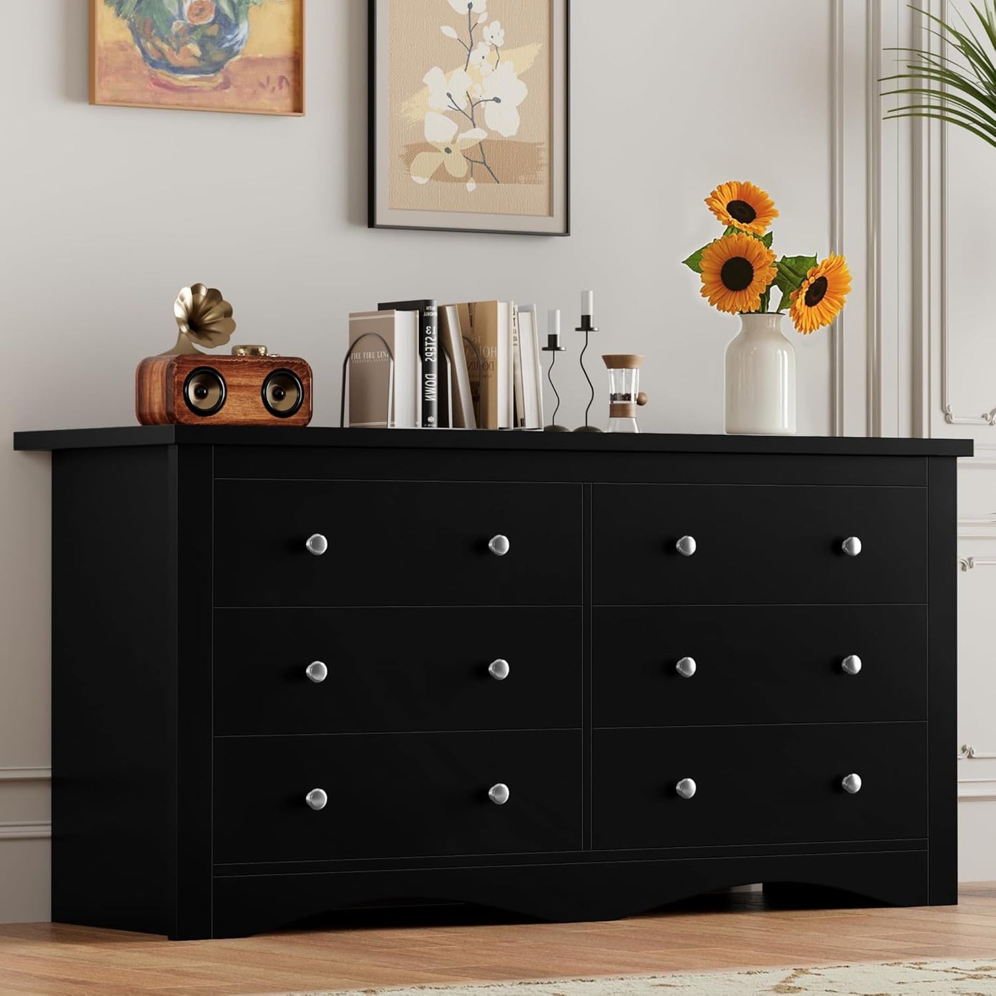 Dresser for Bedroom, 6 Wood Dresser, Chest of Drawers, for TV up to 65 Inch, TV Stand Storage Chest of Drawers for Hallway Entryway (Black)