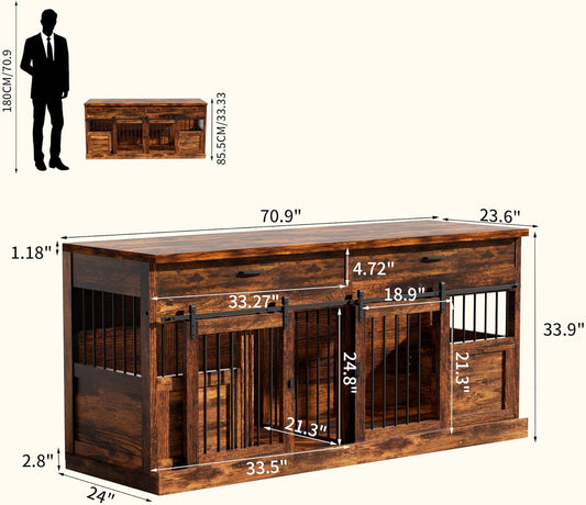 Large Dog Crate Furniture for 2 Dogs 71 Inches Decorative Indoor Dog Kennel Furniture with 2 Drawers XXL Heavy Duty Dog Crates Cage Furniture with Removable Divider and Sliding Doors Brown