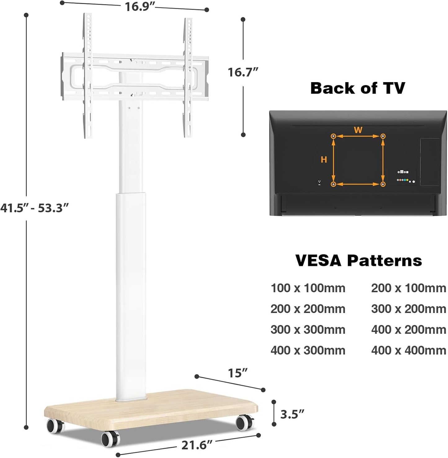 Rolling TV Stand for 32 to 65 70 Inch Tvs, Elegant Floor TV Stand with Wheels, Mobile TV Cart with 9 Levels of Height Adjustment for Optimal Viewing, White Floor Stand for Living Room