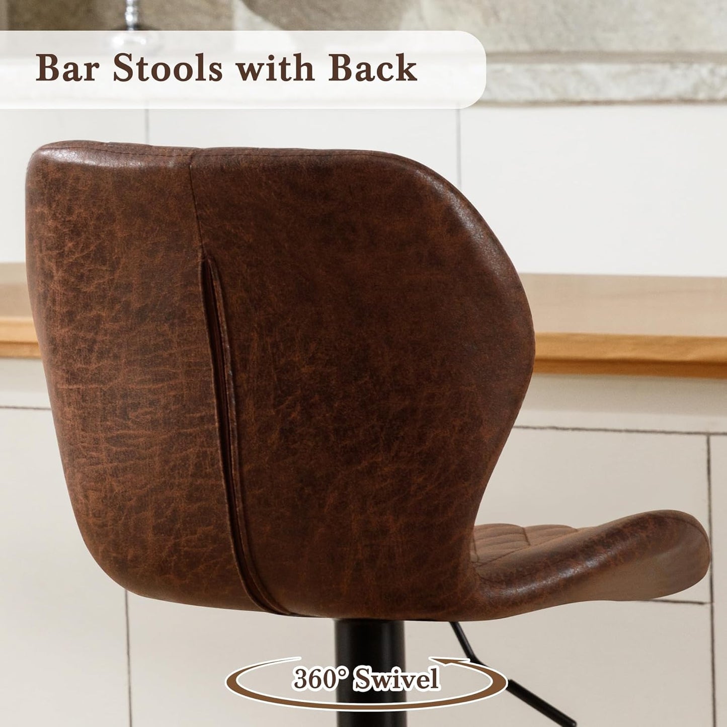 Bar Stools Set of 2, Modern Swivel Counter Height Barstools for Kitchen Island Chairs, Adjustable Faux Leather Bar Stools with Back for Kitchen Counter Bar, Brown