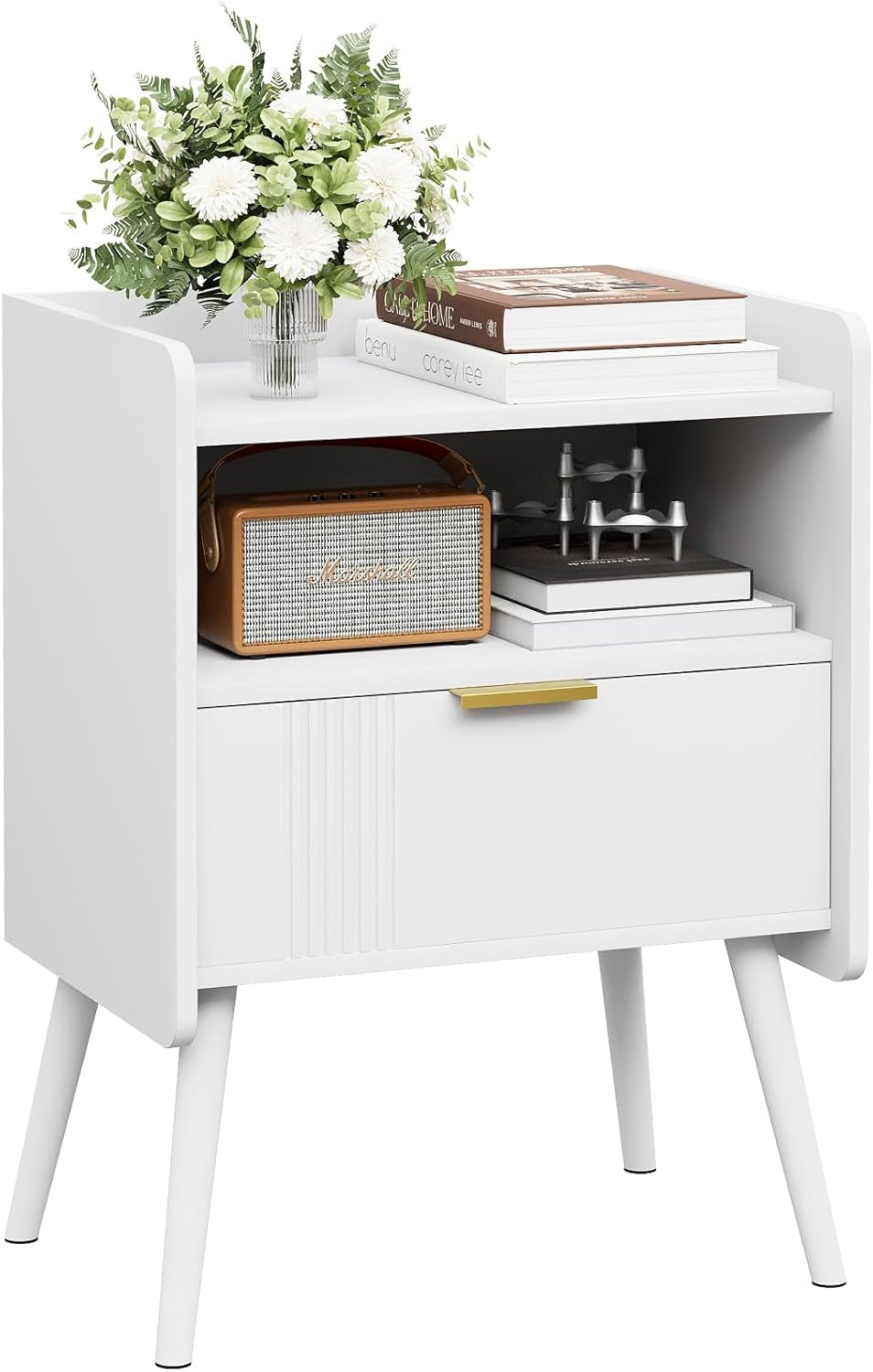 Night Stand Modern End Table with Storage Drawer and Open Shelf, Small Bedside Table, Wooden Sofa Side Stand for Bedroom,Study Room and Small Spaces (White)