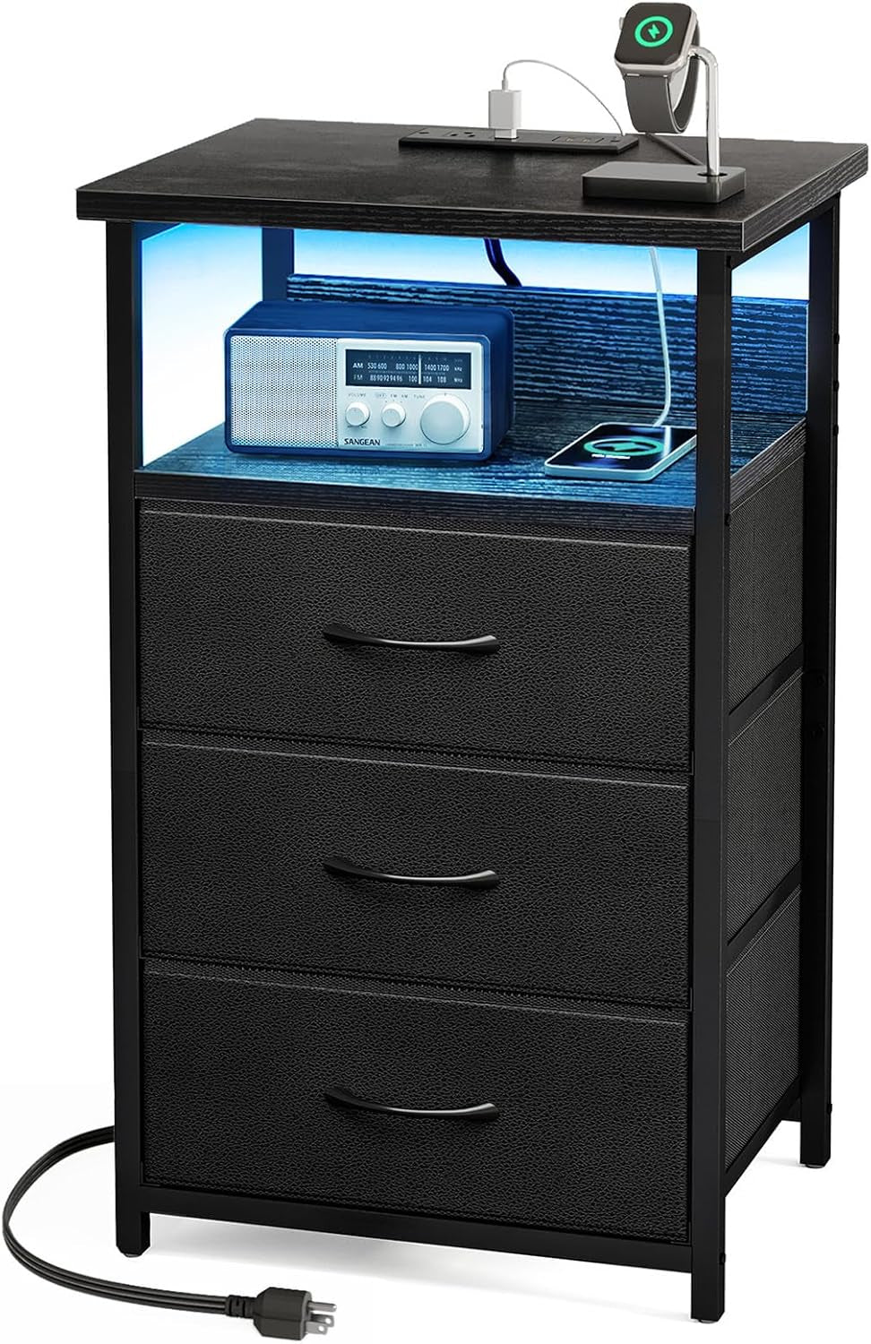 Night Stand with Charging Station, LED Nightstand with U-S-B Ports and Outlets, 3 Fabric Storage Drawers with PU Finish, Bedside Table, Black