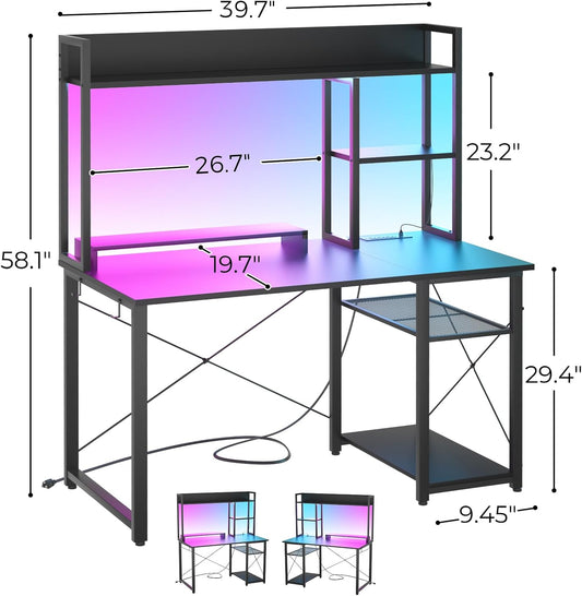 Gaming Desk with Hutch, 39'' Computer Desk with LED Lights & Power Outlets, Home Office Desk with Reversible 5 Tiers Storage Shelves & Monitor Stand, Small Gaming Table for Small Space, Black