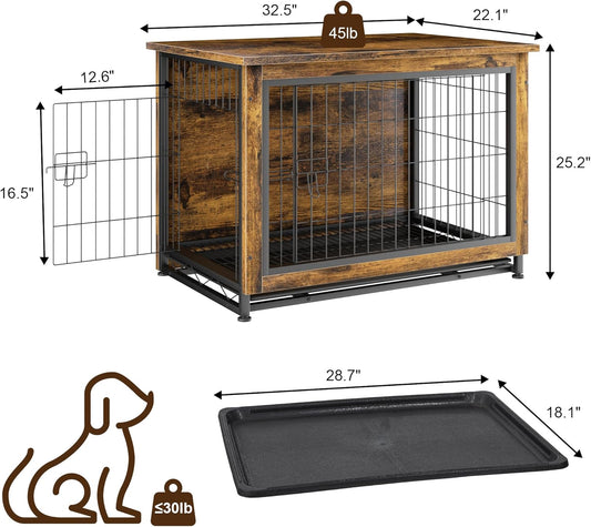 Dog Crate Furniture, Wooden Dog Crate Table, Double-Doors Dog Furniture, Indoor Kennel, Dog Cage/Brown/M