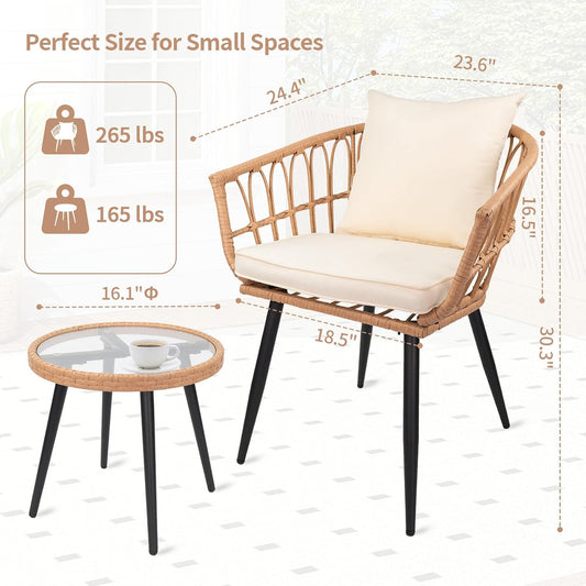 3-Piece Patio Dining Set, Featuring a round PE Rattan Table and 2 Chairs, Suitable for Bedrooms, Porches and Gardens All-Weather Furniture Set Includes Tempered Glass, Thick Cushions