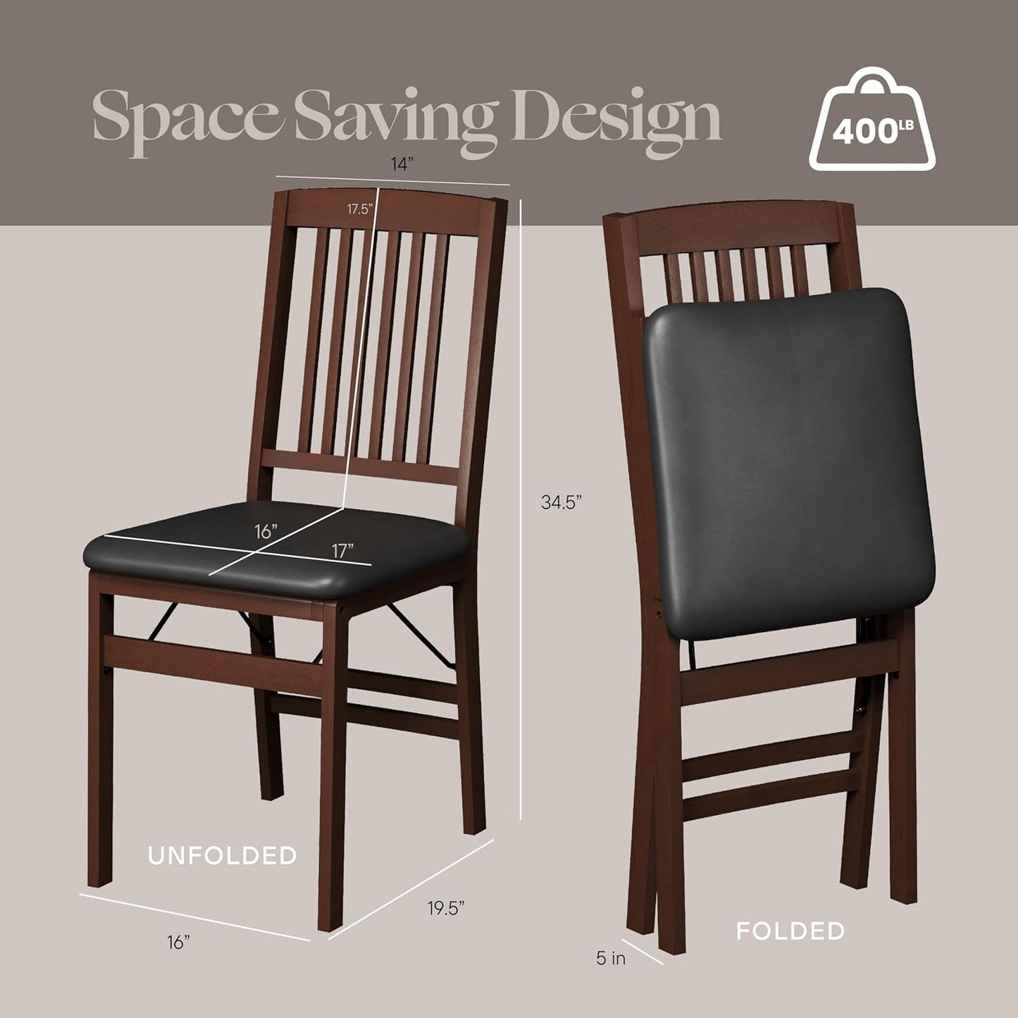Compact Folding Wood Dining Chairs (Set of 2) – No Assembly, PU Leather Cushions, 400 Lb Load Capacity, Space-Saving Design for Apartment & Kitchen Use