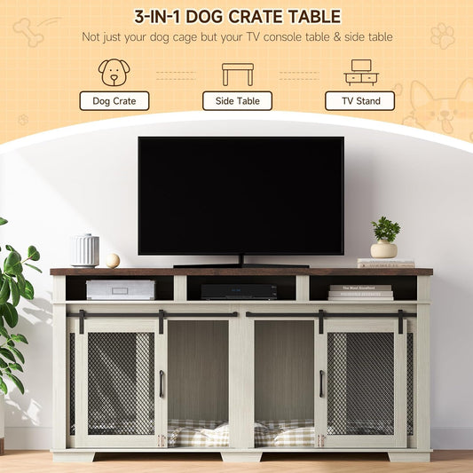 71" Dog Crate Furniture for 2 Dogs, Dog Kennel with 3 Storage Drawers & Removable Divider, Extra Large Double Dog Cage as TV Stand, Furniture Style Dog Crates with Sliding Barn Door