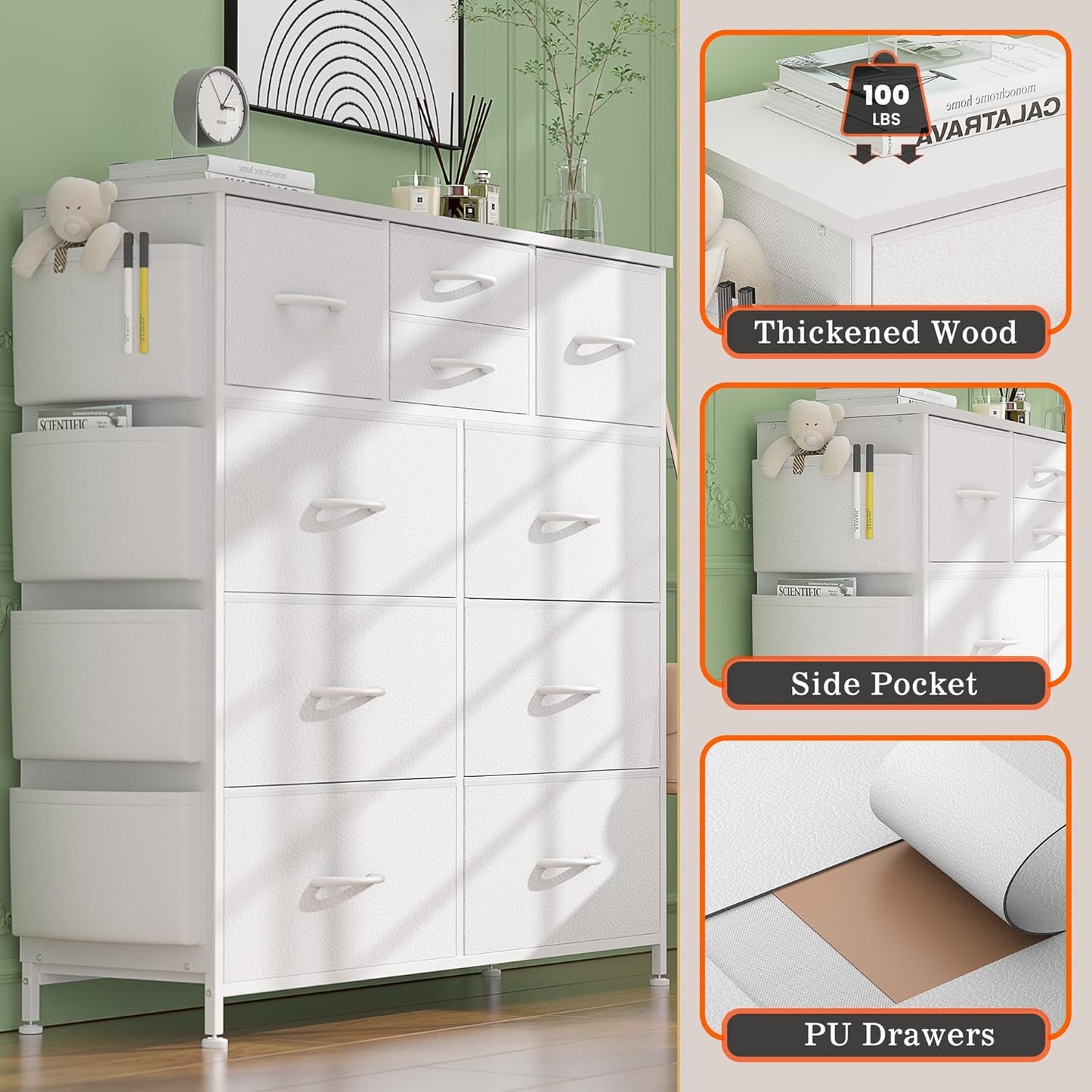 White Dresser for Bedroom with 10 Drawers, Chest of Drawers with Side Pockets and Hooks, PU Storage Dresser, Organizer Unit for Living Room, Hallway, Closet (White)