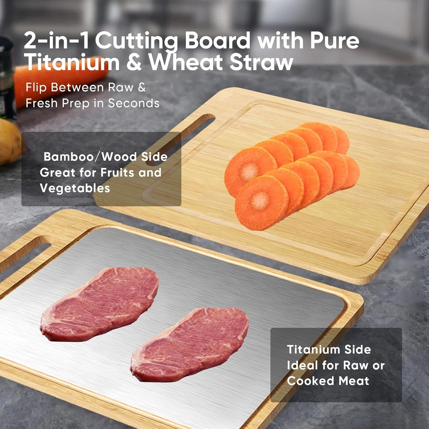 Titanium Cutting Board, Double Sided Titanium/Bamboo Wood Large Chopping Boards with Juice Groove Cutting Pads for Meat, Vegetables and Fruits