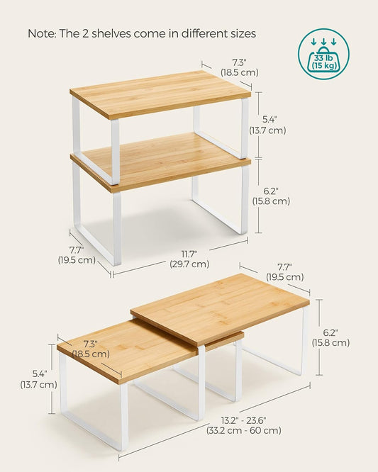 Cabinet Organizer Shelf, Set of 4 Kitchen Counter Shelves, Kitchen Storage, Spice Rack, Stackable, Expandable, Metal and Engineered Wood, Cloud White and Natural Beige UKCS010N01