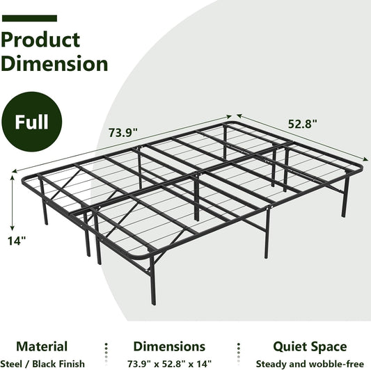 Foldable Full Size Bed Frame,Metal Platform with 14" Underbed Storage, Heavy Duty,Noise Free,Easy Foldable Assembly, No Box Spring Needed,Black