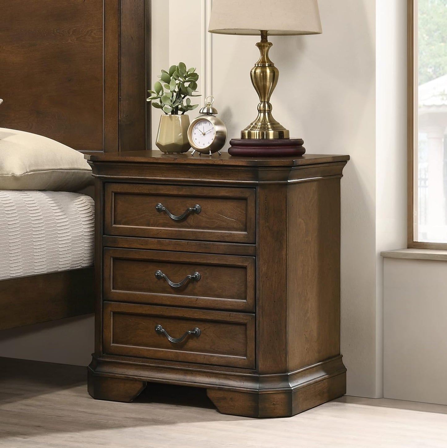 Maderne Traditional Wood Panel Bed with Dresser, Mirror, Two Nightstands, Chest, King, Antique Walnut Finish