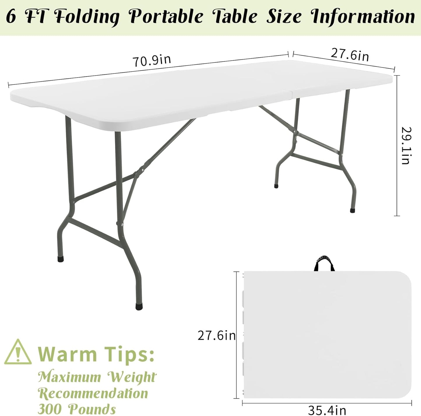 2 Pack 6 FT Folding Tables White Foldable Table, Fold-In-Half with Carrying Handle Portable Plastic Rectangular Table for Party, Dining, Wedding, Camping, Picnic, Indoor Outdoor Events