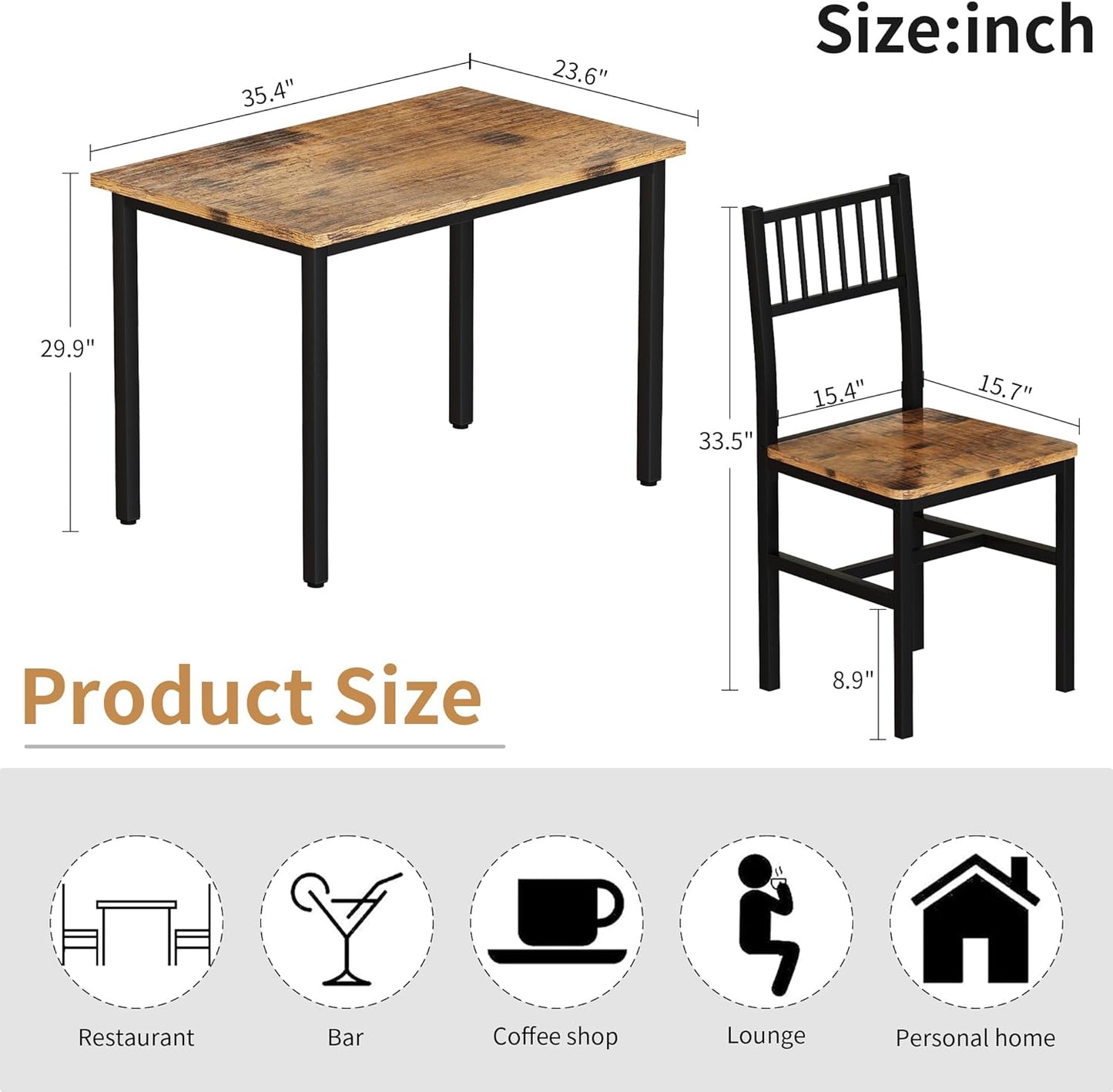 3 Piece Dining Table Set for 2, Small Kitchen Table Set for 2 with Chairs,Wood Breakfast Nook Table and Chairs Set of 2,Dinette Set for Small Space,Dining Room,Apartment, Brown