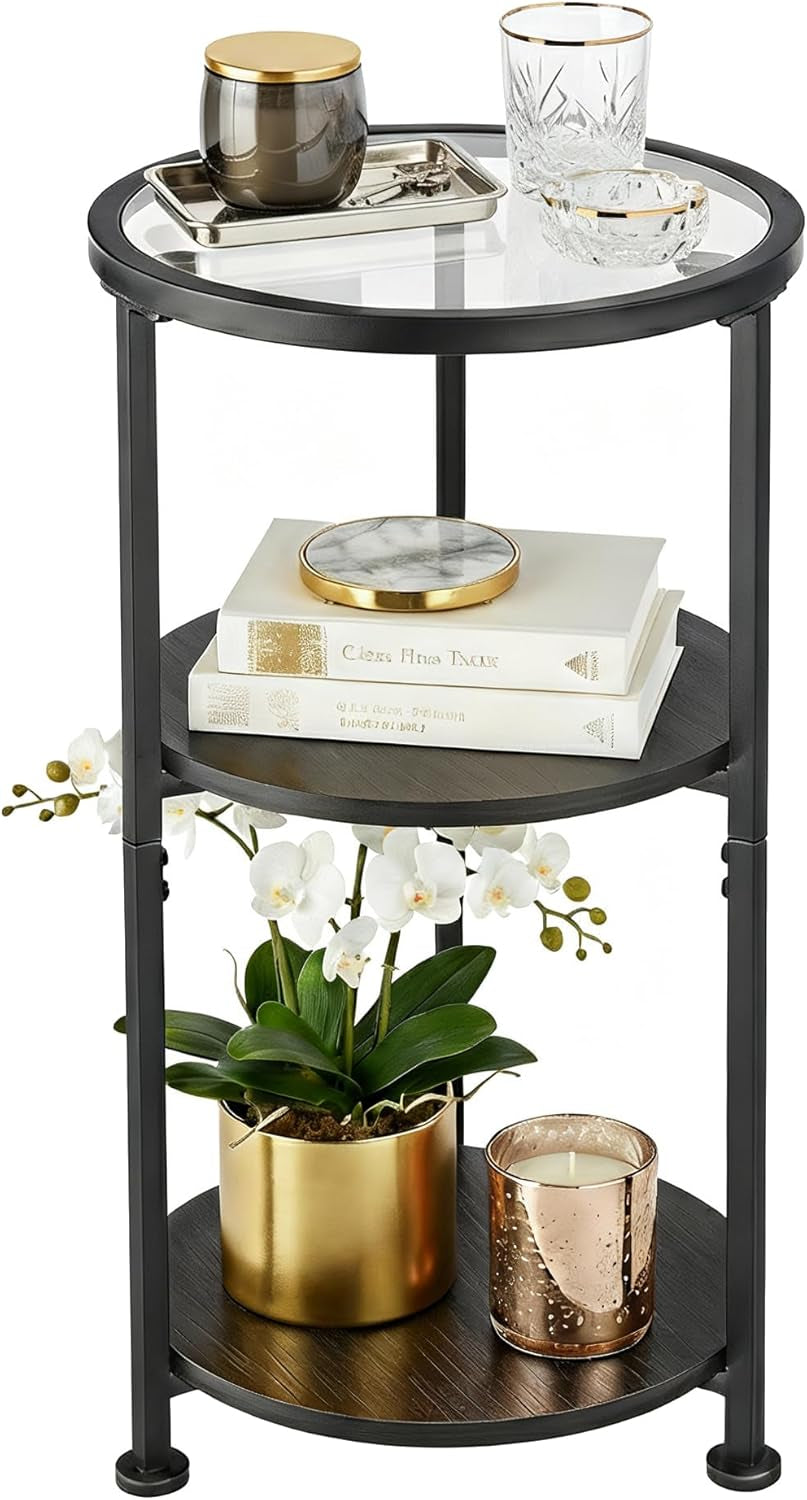 Glass Side Table, Tempered Glass Small round Side Table with 3-Tier Storage Shelves for Small Spaces, Modern Glass round End Table for Living Room, Bedside Table Nightstand for Bedroom (Black)