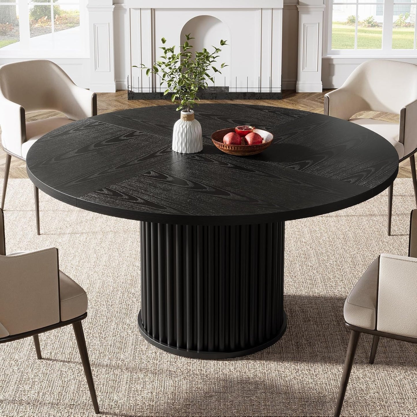 Black round Dining Table for 4-6 People, 47.24-Inch Circle Kitchen Table with Sturdy Fluted MDF + Metal Base, Modern Home Dining Room Furniture, Black