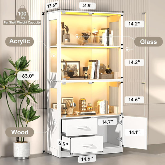 Display Cabinet with Glass Doors, 4-Tier Display Case with 3-Color Lights & Human Body Sensor, Storage Cabinets with 3 Shelves & 2 Drawers for Collectibles/Living/Dining/Game Room, White