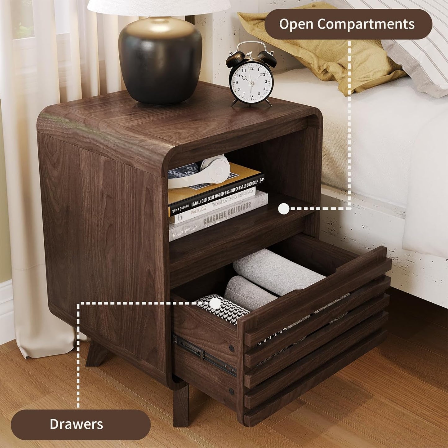 3 Piece Bedroom Set, Dresser and Nightstand Sets, Fluted 6 Drawer Dresser and Nightstand Set of 2, Wood Wide Chest of Drawers Storage Organizer Cabinet Set, Dark Walnut