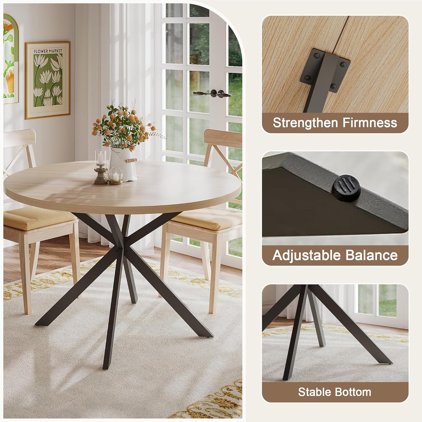 47.2 Inch round Dining Table for 4, Farmhouse Wood Kitchen Table, Circle Dinner Table for Kitchen & Dining Room, Natural Oak