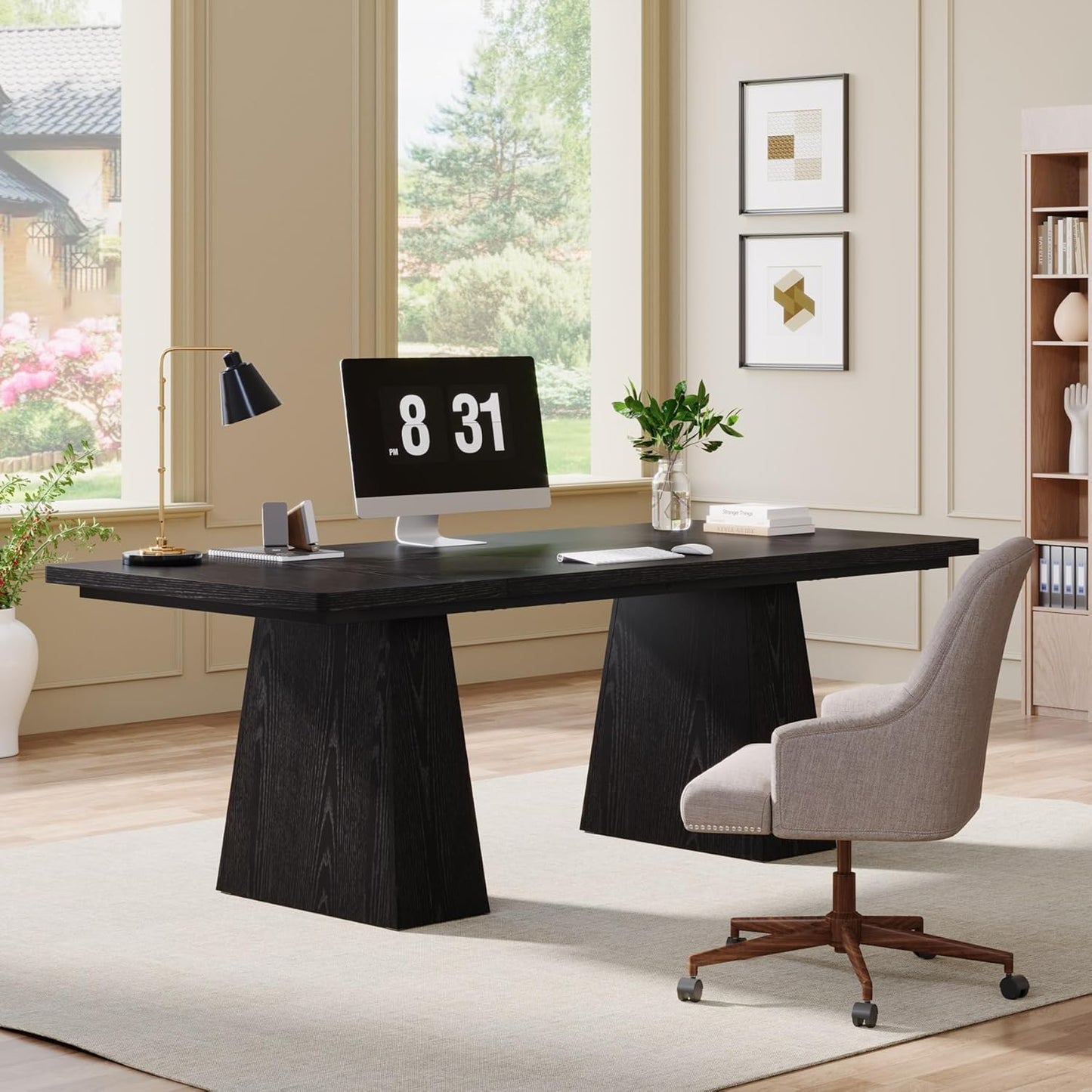 63-Inch Executive Desk, Large Office Computer Desk with Double Pedestal, Modern Simple Workstations Writing Table Conference Table Business Furniture for Home Office, Black