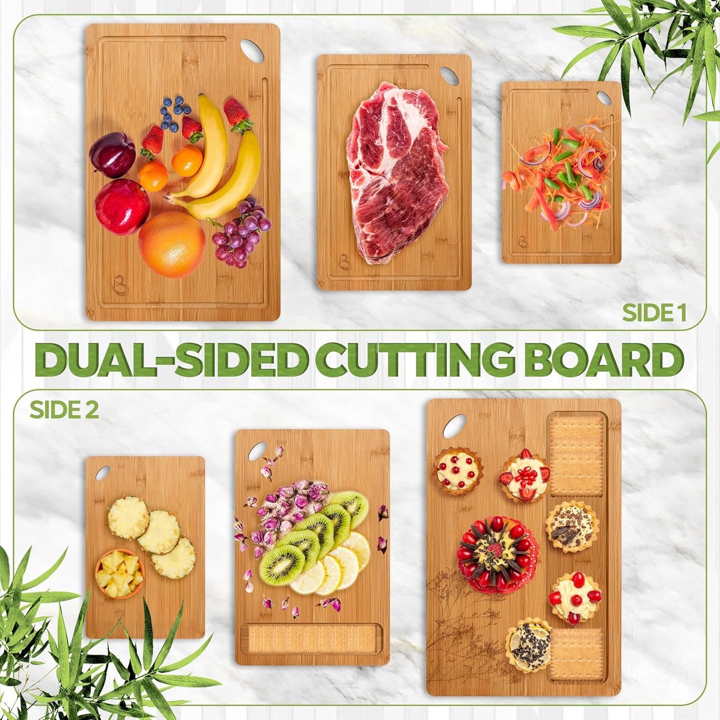 Bamboo Cutting Board Set of 3 – Small, Medium & Large Durable Non-Toxic Wood Cutting Boards for Kitchen with Deep Juice Grooves – Ideal Charcuterie & Chopping Boards for Meat, Vegetables & Fruits