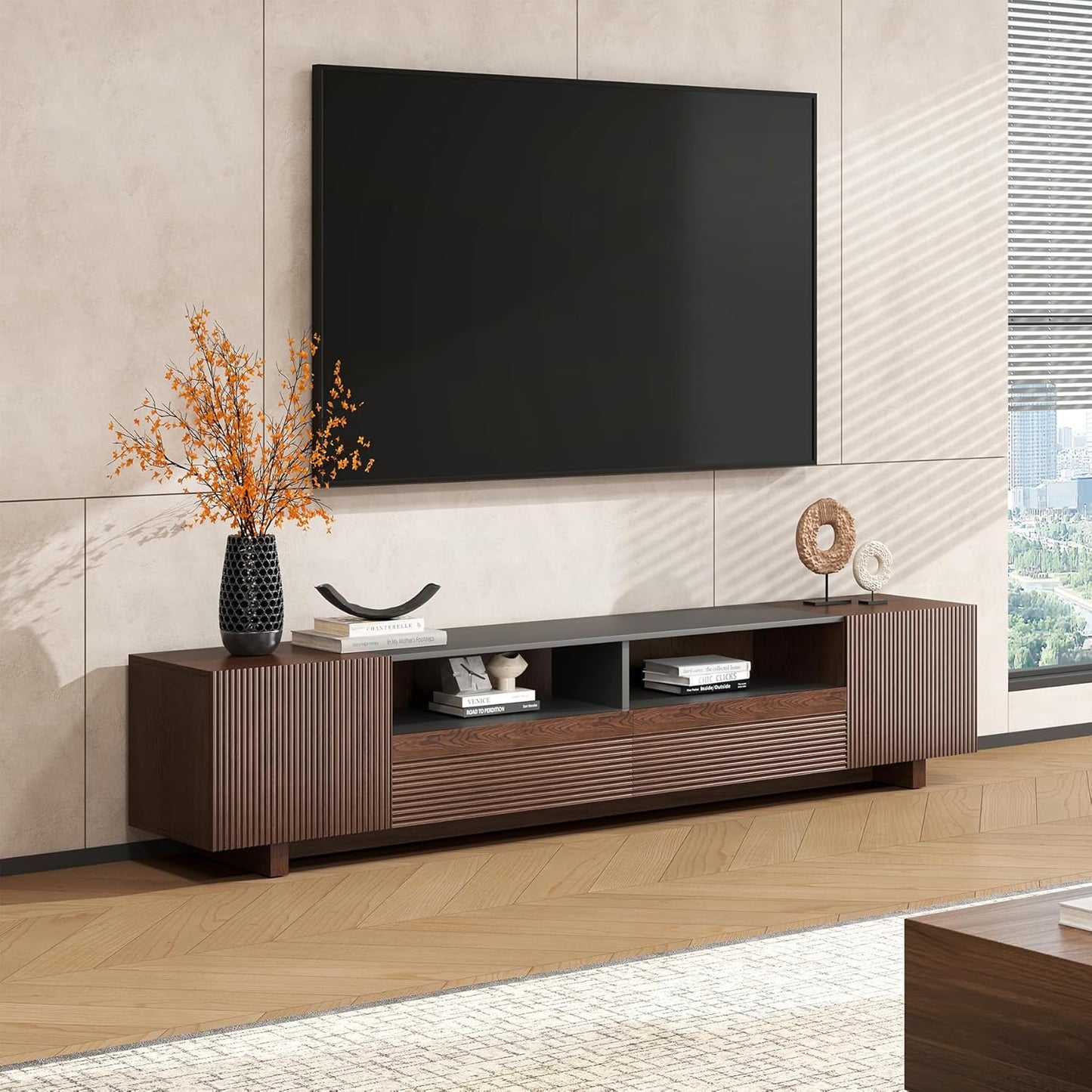 78.8 Inch TV Stand with Storage Cabinets for Living Room, Tvs Media Console Entertainment Center with Drawers, Wood Fluted Television Stands with Open Shelves for Bedroom, Dark Brown Walnut