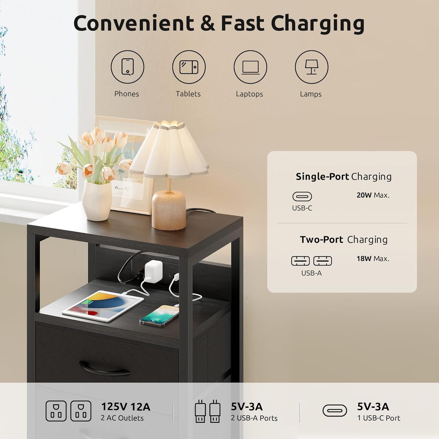 Nightstand Bedside Charging Table Bedroom - Night Stand with Charger Station, Modern Nightstand with Open Shelf & 2 Fabric Drawers, Bed Side Table with USB-C USB Ports & AC Outlets for Dorm, Black