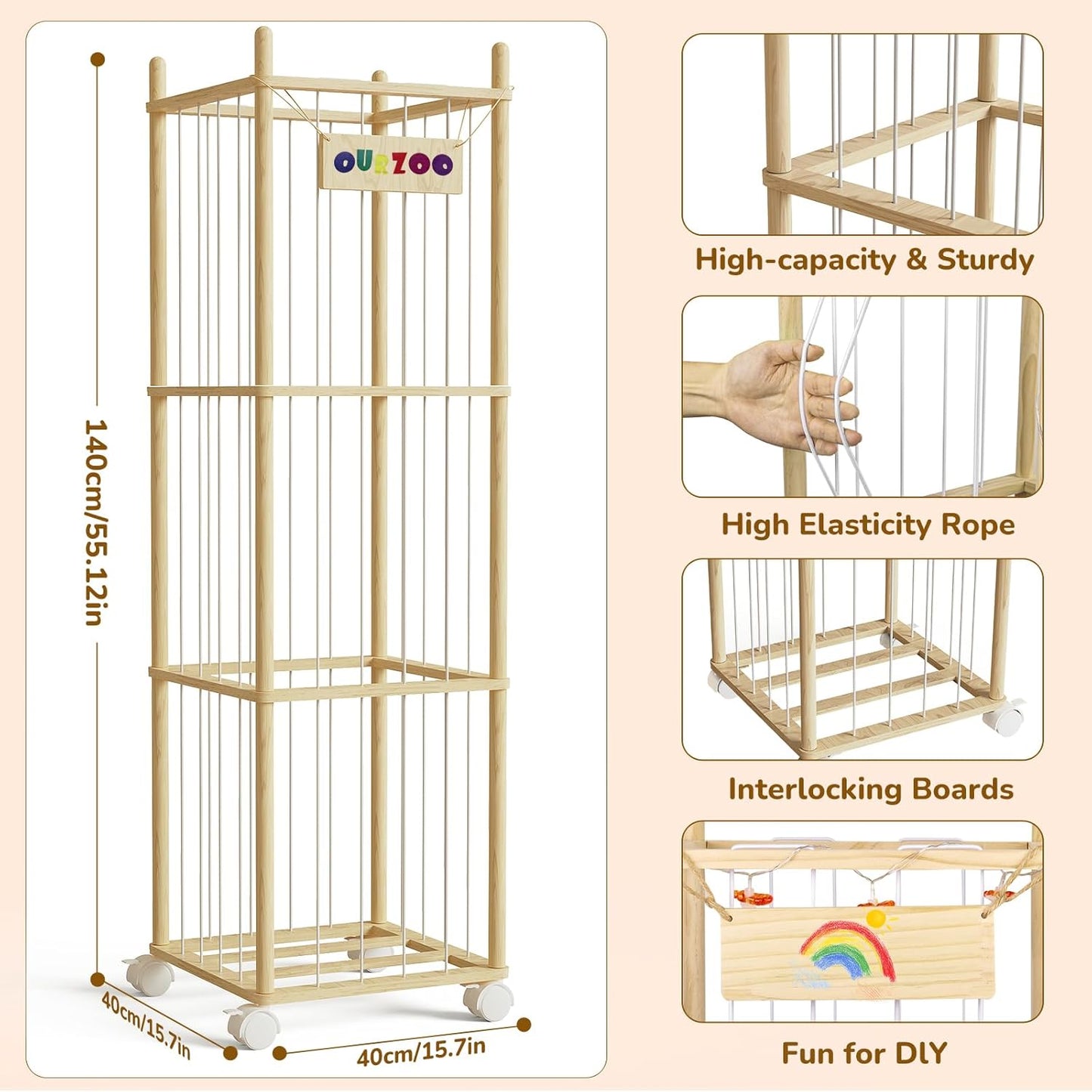 Stuffed Animal Storage Zoo with Wheels and Twinkling Bee String Lights, 55.12Inch Large Wooden Stuffed Animal Storage & Organizer with Elastic Cord Kids Plush Toy Storage for Nursery Playroom