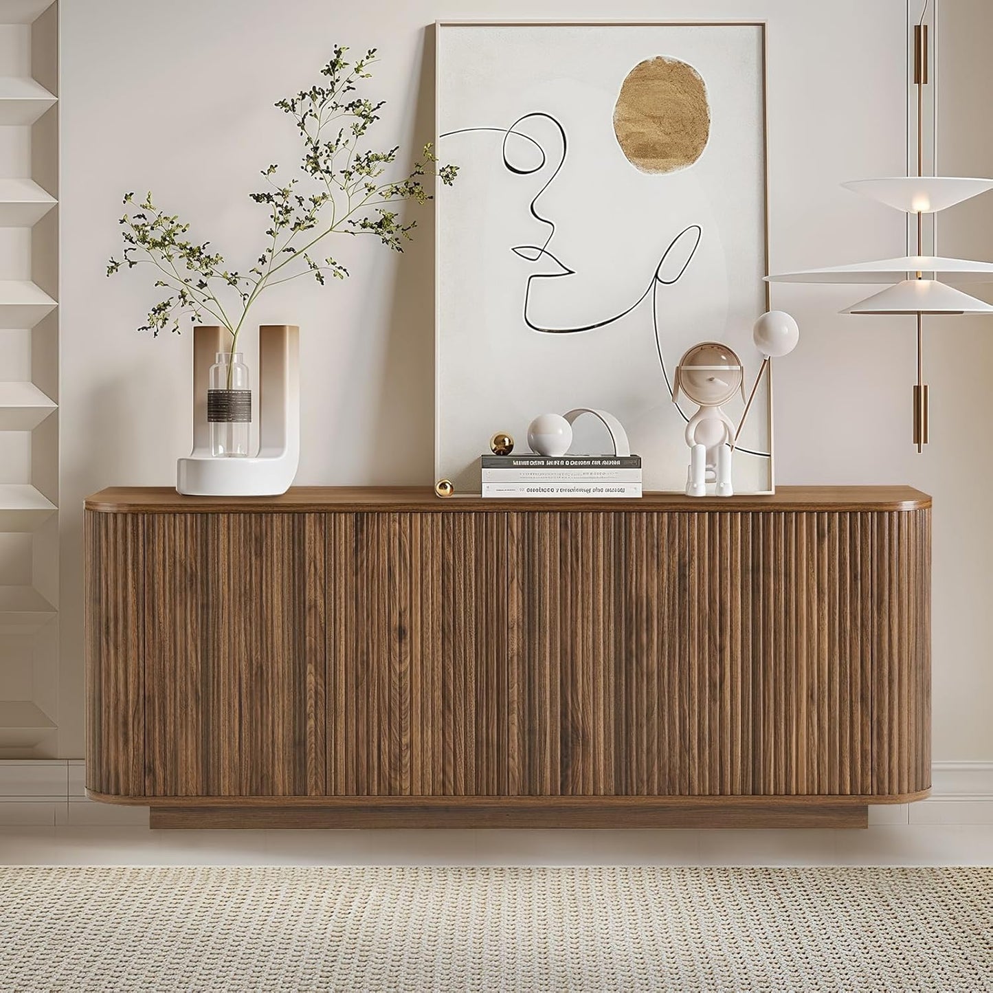 64" Buffet Sideboard Cabinet with Storage, Modern Fluted Accent Credenza with Adjustable Shelves, Wood Coffee Bar Console Table for Living Room Kitchen Dining Room Hallway, Walnut