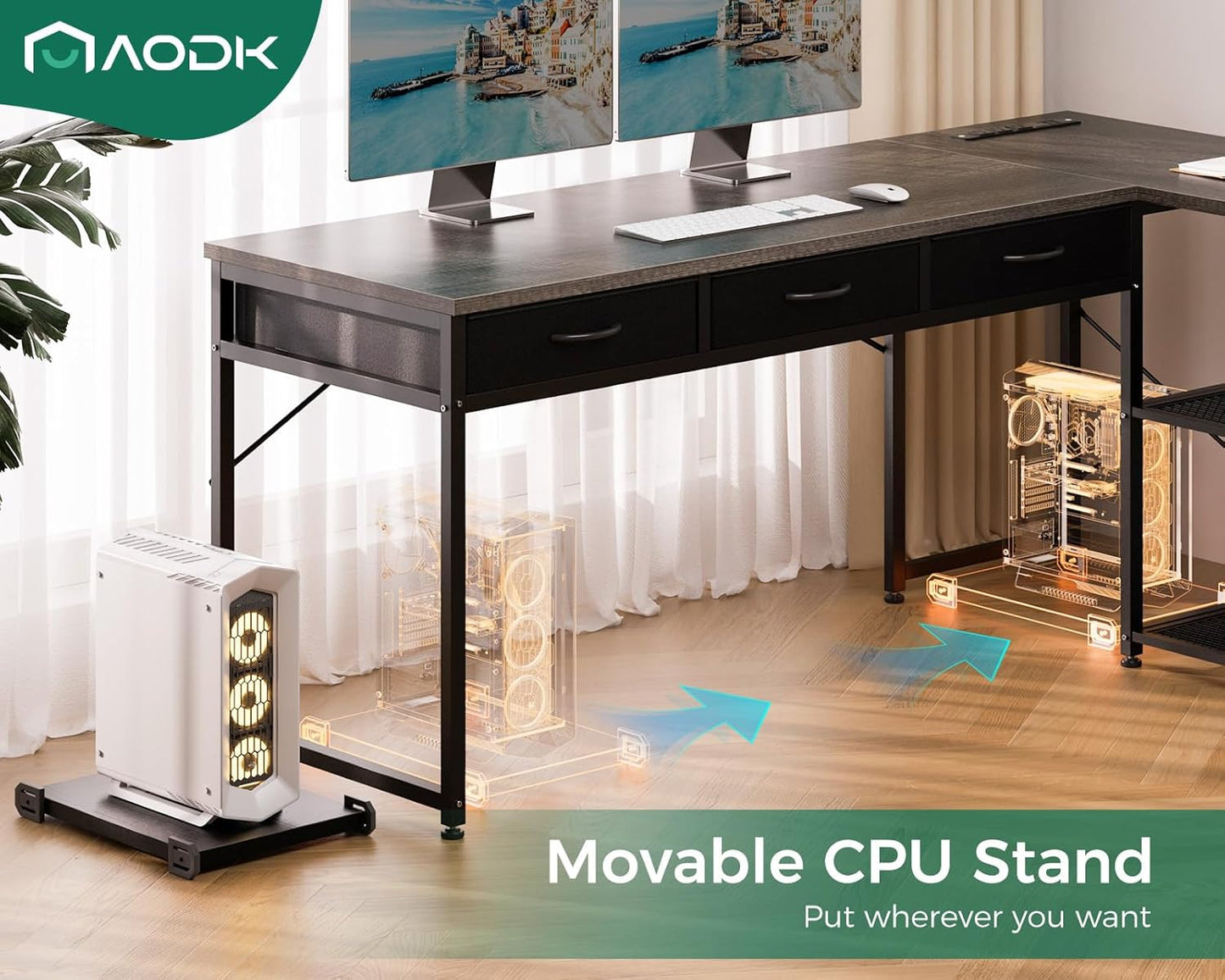 61 Inch L Shaped Computer Desk with Drawers, Corner Desk with Power Outlets & Reversible Storage Shelves, Movable CPU Stand for Home Office Gaming, White