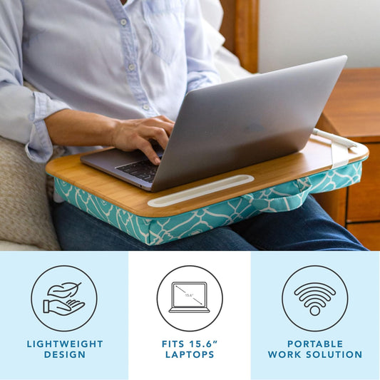 Designer Lap Desk with Phone Holder and Device Ledge - Aqua Trellis - Fits up to 15.6 Inch Laptops - Style No. 45422
